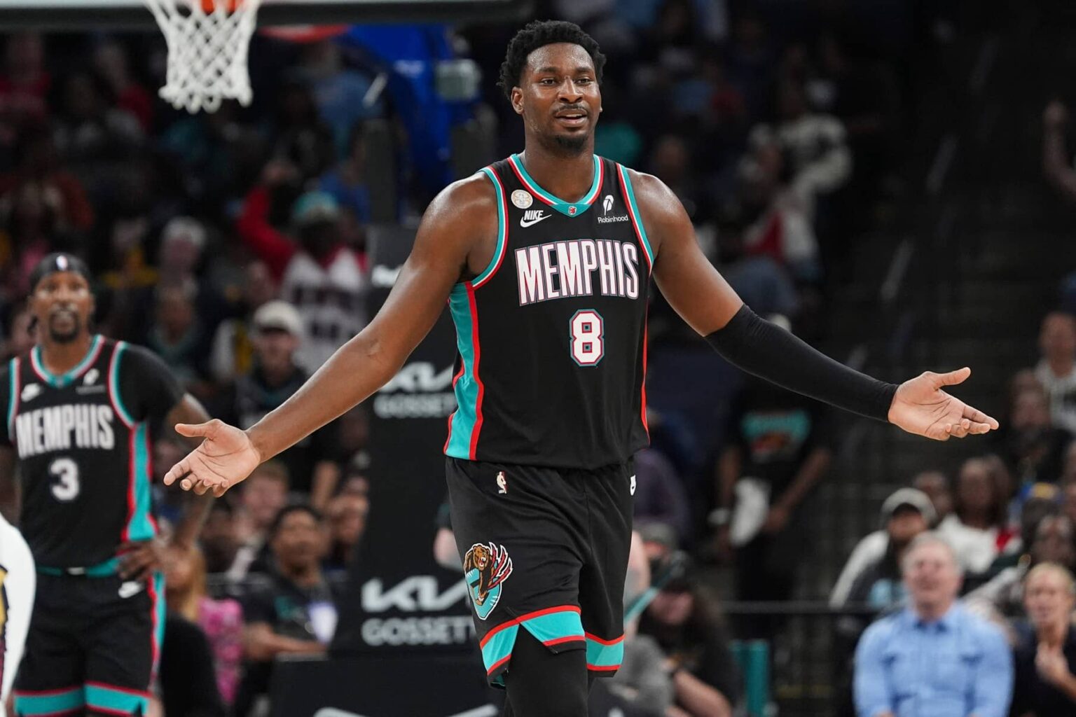 Grizzlies' Jaren Jackson Jr. (8) reacts after fouling out during the home opener against the New Orleans Pelicans at FedExForum on October 22, 2025. Mandatory Credit: © Chris Day/The Commercial Appeal / USA TODAY NETWORK via Imagn Images