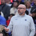 Jan 8, 2026; Salt Lake City, Utah, USA; Dallas Mavericks head coach Jason Kidd reacts after a play against the Utah Jazz during the first quarter at Delta Center. Mandatory Credit: Rob Gray-Imagn Images
