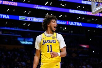 Oct 17, 2025; Los Angeles, California, USA; Los Angeles Lakers center Jaxson Hayes (11) reacts during the first half against the Sacramento Kings at Crypto.com Arena. Mandatory Credit: William Liang-Imagn Images