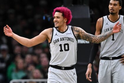 San Antonio Spurs forward Jeremy Sochan (10) reacts after being called for a foul during the first half of a game against the Boston Celtics at the TD Garden.