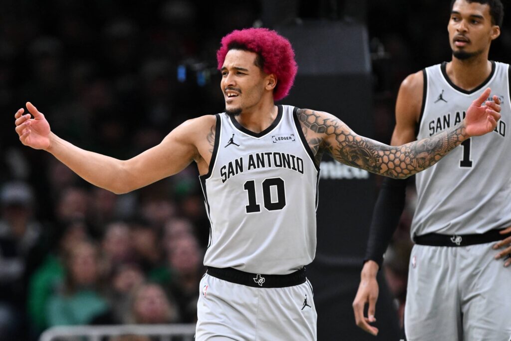 Jan 10, 2026; Boston, Massachusetts, USA; San Antonio Spurs forward Jeremy Sochan (10) reacts after being called for a foul during the first half of a game against the Boston Celtics at the TD Garden. Mandatory Credit: Brian Fluharty-Imagn Images
