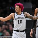 Jan 10, 2026; Boston, Massachusetts, USA; San Antonio Spurs forward Jeremy Sochan (10) reacts after being called for a foul during the first half of a game against the Boston Celtics at the TD Garden. Mandatory Credit: Brian Fluharty-Imagn Images