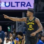 Dec 20, 2025; San Francisco, California, USA; Golden State Warriors forward Jimmy Butler III (10) reacts after scoring against the Phoenix Suns during the first quarter at Chase Center. Mandatory Credit: John Hefti-Imagn Images