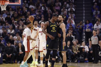 Jan 19, 2026; San Francisco, California, USA; Golden State Warriors forward Jimmy Butler III (10) and guard Stephen Curry (30) react after Butler misses a shot at the buzzer during the first quarter against the Miami Heat at Chase Center. Mandatory Credit: Kelley L Cox-Imagn Images