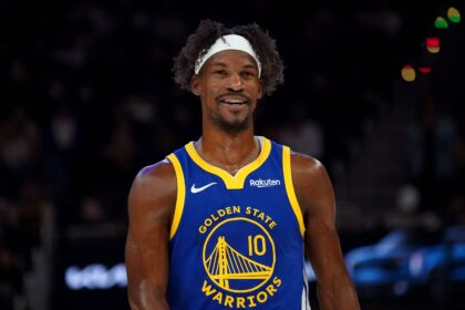 Golden State Warriors forward Jimmy Butler III (10) waits for play to resume against the Portland Trail Blazers in the second quarter at Chase Center.