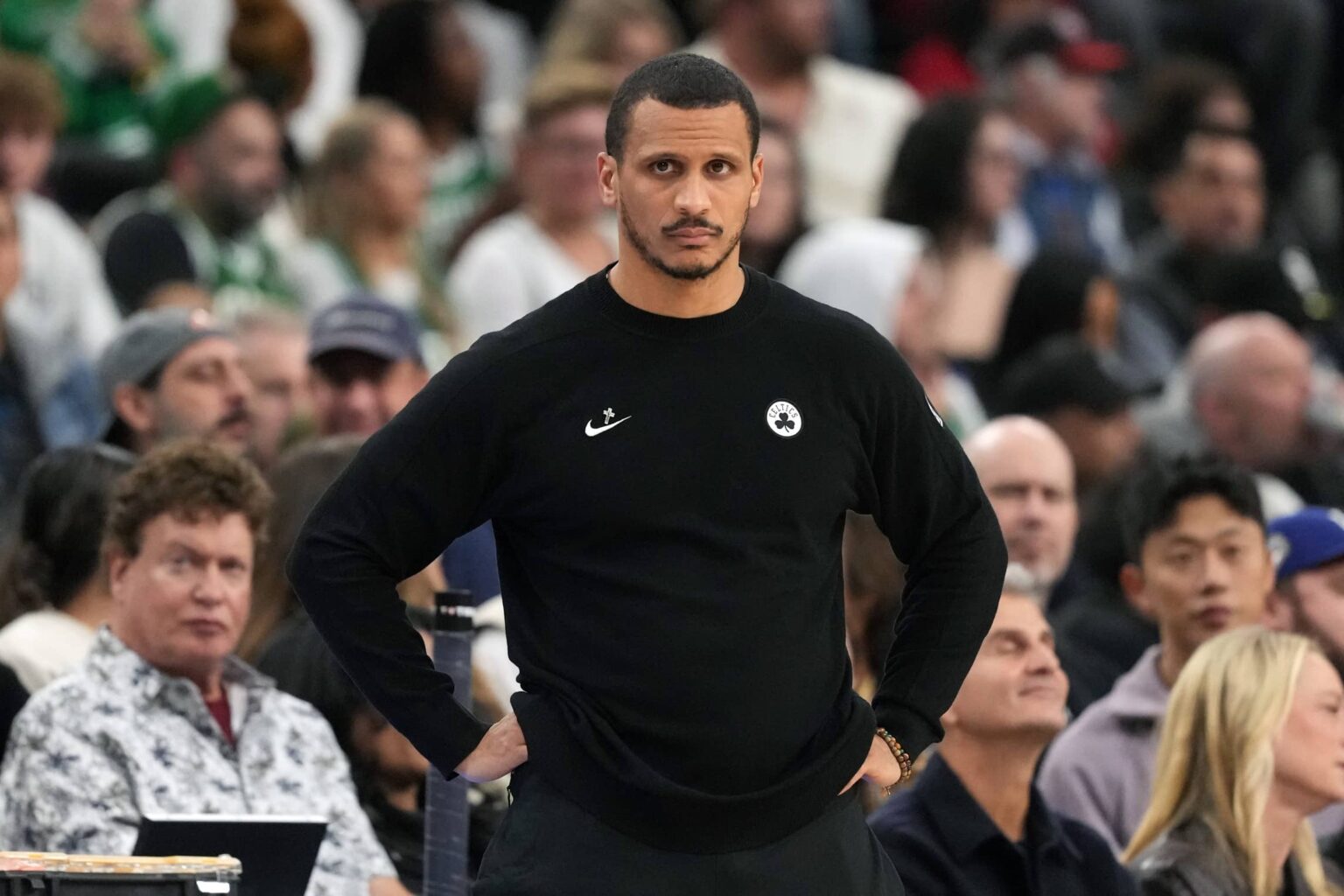 Jan 3, 2026; Inglewood, California, USA; Boston Celtics head coach Joe Mazzulla reacts against the LA Clippers in the second half at Intuit Dome. Mandatory Credit: Kirby Lee-Imagn Images