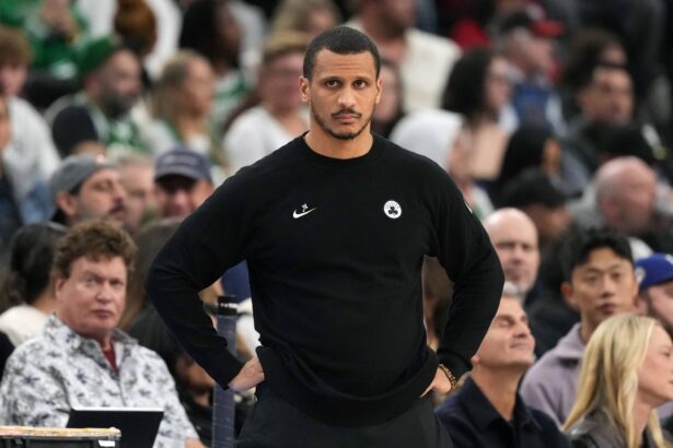 Jan 3, 2026; Inglewood, California, USA; Boston Celtics head coach Joe Mazzulla reacts against the LA Clippers in the second half at Intuit Dome. Mandatory Credit: Kirby Lee-Imagn Images