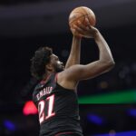 Dec 12, 2025; Philadelphia, Pennsylvania, USA; Philadelphia 76ers center Joel Embiid (21) shoots against the Indiana Pacers during the second quarter at Xfinity Mobile Arena. Mandatory Credit: Bill Streicher-Imagn Images