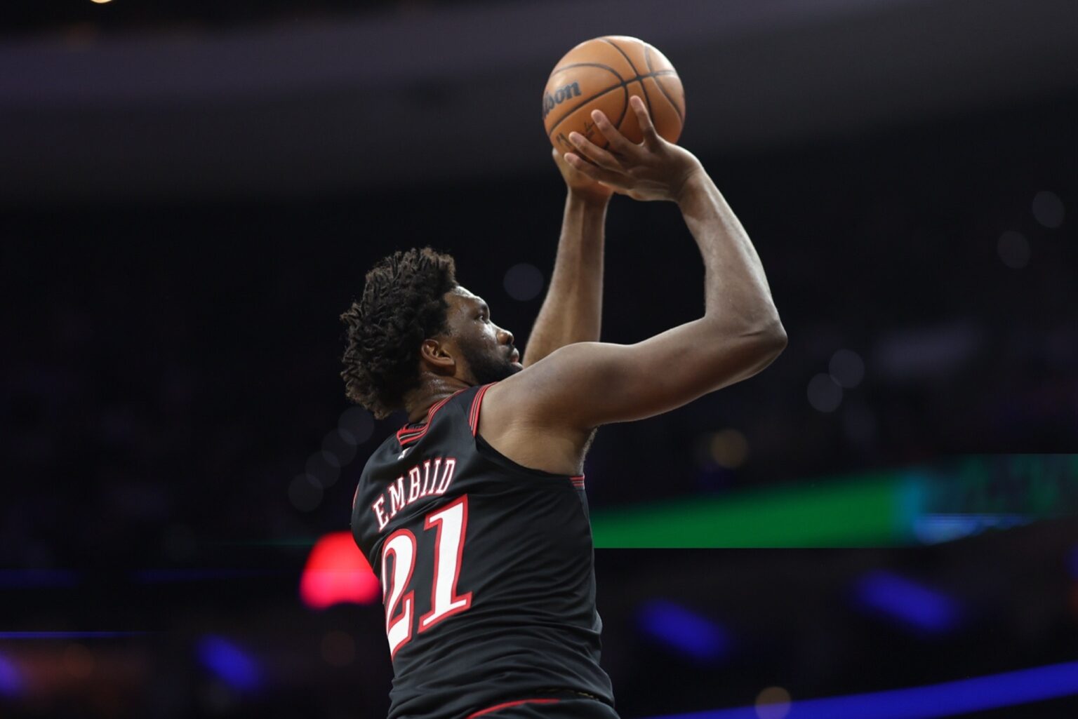Dec 12, 2025; Philadelphia, Pennsylvania, USA; Philadelphia 76ers center Joel Embiid (21) shoots against the Indiana Pacers during the second quarter at Xfinity Mobile Arena. Mandatory Credit: Bill Streicher-Imagn Images