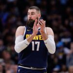 Dec 22, 2025; Denver, Colorado, USA; Denver Nuggets center Jonas Valanciunas (17) gestures in the fourth quarter against the Utah Jazz at Ball Arena. Mandatory Credit: Isaiah J. Downing-Imagn Images
