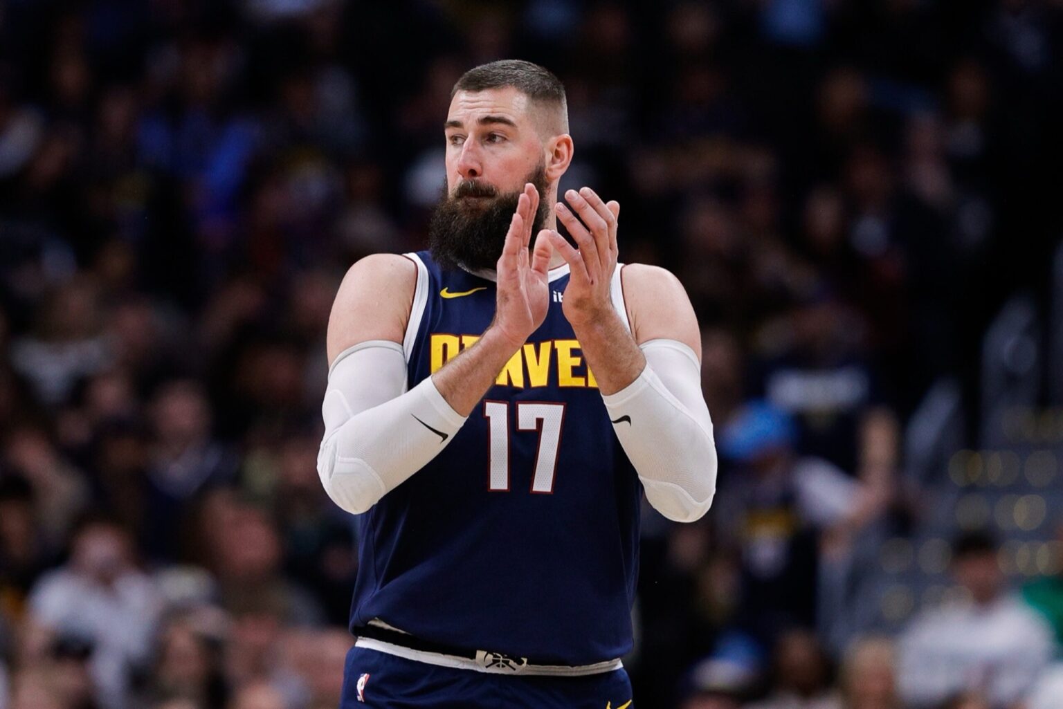 Dec 22, 2025; Denver, Colorado, USA; Denver Nuggets center Jonas Valanciunas (17) gestures in the fourth quarter against the Utah Jazz at Ball Arena. Mandatory Credit: Isaiah J. Downing-Imagn Images