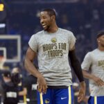Nov 9, 2025; San Francisco, California, USA; Golden State Warriors forward Jonathan Kuminga (1) warms up before facing the Indiana Pacers at Chase Center. Mandatory Credit: D. Ross Cameron-Imagn Images