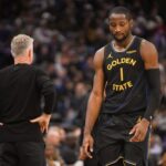 Nov 5, 2025; Sacramento, California, USA; Golden State Warriors forward Jonathan Kuminga (1) walks off the court after being removed from the game during the fourth quarter of the game against the Sacramento Kings at Golden 1 Center. Mandatory Credit: Ed Szczepanski-Imagn Images