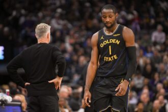 Nov 5, 2025; Sacramento, California, USA; Golden State Warriors forward Jonathan Kuminga (1) walks off the court after being removed from the game during the fourth quarter of the game against the Sacramento Kings at Golden 1 Center. Mandatory Credit: Ed Szczepanski-Imagn Images