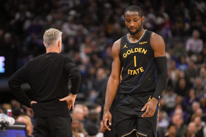 Nov 5, 2025; Sacramento, California, USA; Golden State Warriors forward Jonathan Kuminga (1) walks off the court after being removed from the game during the fourth quarter of the game against the Sacramento Kings at Golden 1 Center. Mandatory Credit: Ed Szczepanski-Imagn Images