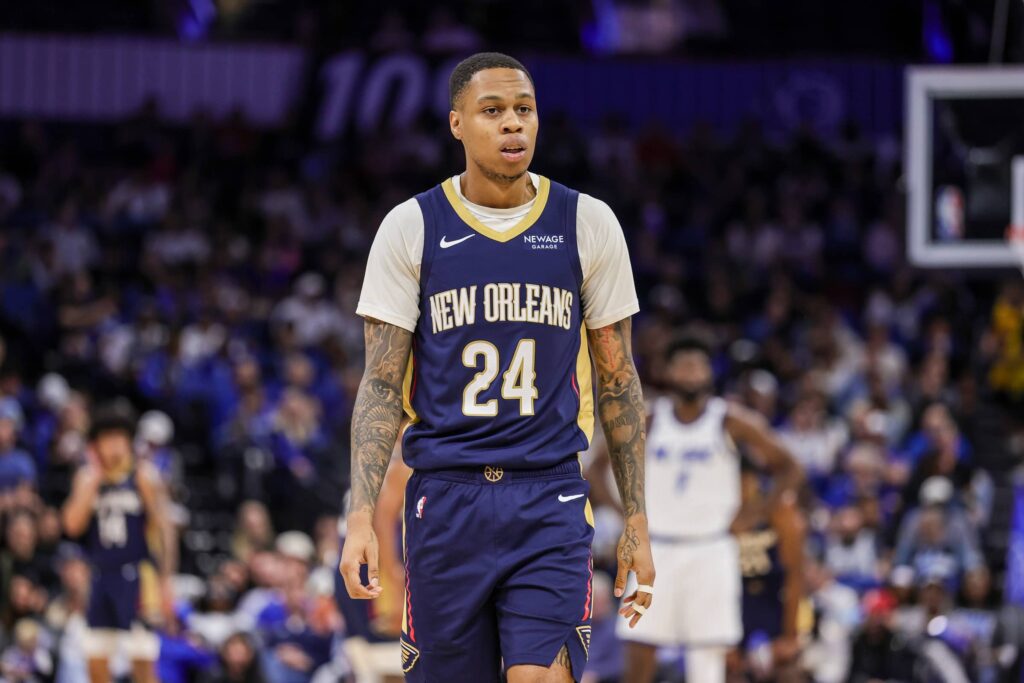 Jan 11, 2026; Orlando, Florida, USA; New Orleans Pelicans guard Jordan Hawkins (24) walks up court during the second quarter against the Orlando Magic at Kia Center. Mandatory Credit: Mike Watters-Imagn Images