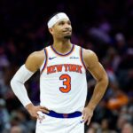 Jan 14, 2026; Sacramento, California, USA; New York Knicks guard Josh Hart (3) reacts after a play during the third quarter against the Sacramento Kings at Golden 1 Center. Mandatory Credit: Sergio Estrada-Imagn Images