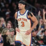 Dec 21, 2025; New York, New York, USA; New York Knicks guard Josh Hart (3) gestures after making a three-point shot in the fourth quarter against the Miami Heat at Madison Square Garden. Mandatory Credit: Wendell Cruz-Imagn Images