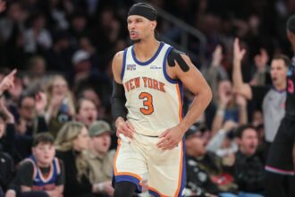 Dec 21, 2025; New York, New York, USA; New York Knicks guard Josh Hart (3) gestures after making a three-point shot in the fourth quarter against the Miami Heat at Madison Square Garden. Mandatory Credit: Wendell Cruz-Imagn Images
