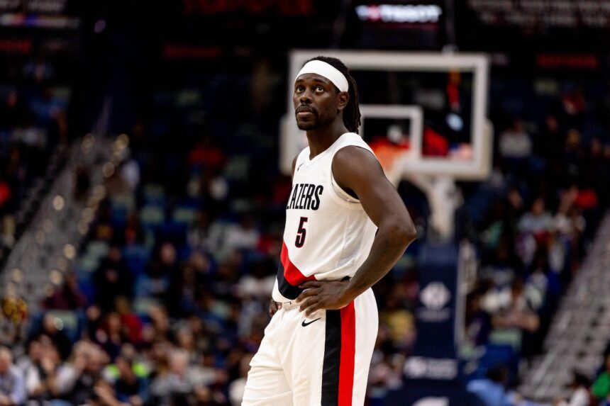 Nov 12, 2025; New Orleans, Louisiana, USA; Portland Trail Blazers guard Jrue Holiday (5) looks on against the New Orleans Pelicans during the second half at Smoothie King Center. Mandatory Credit: Stephen Lew-Imagn Images
