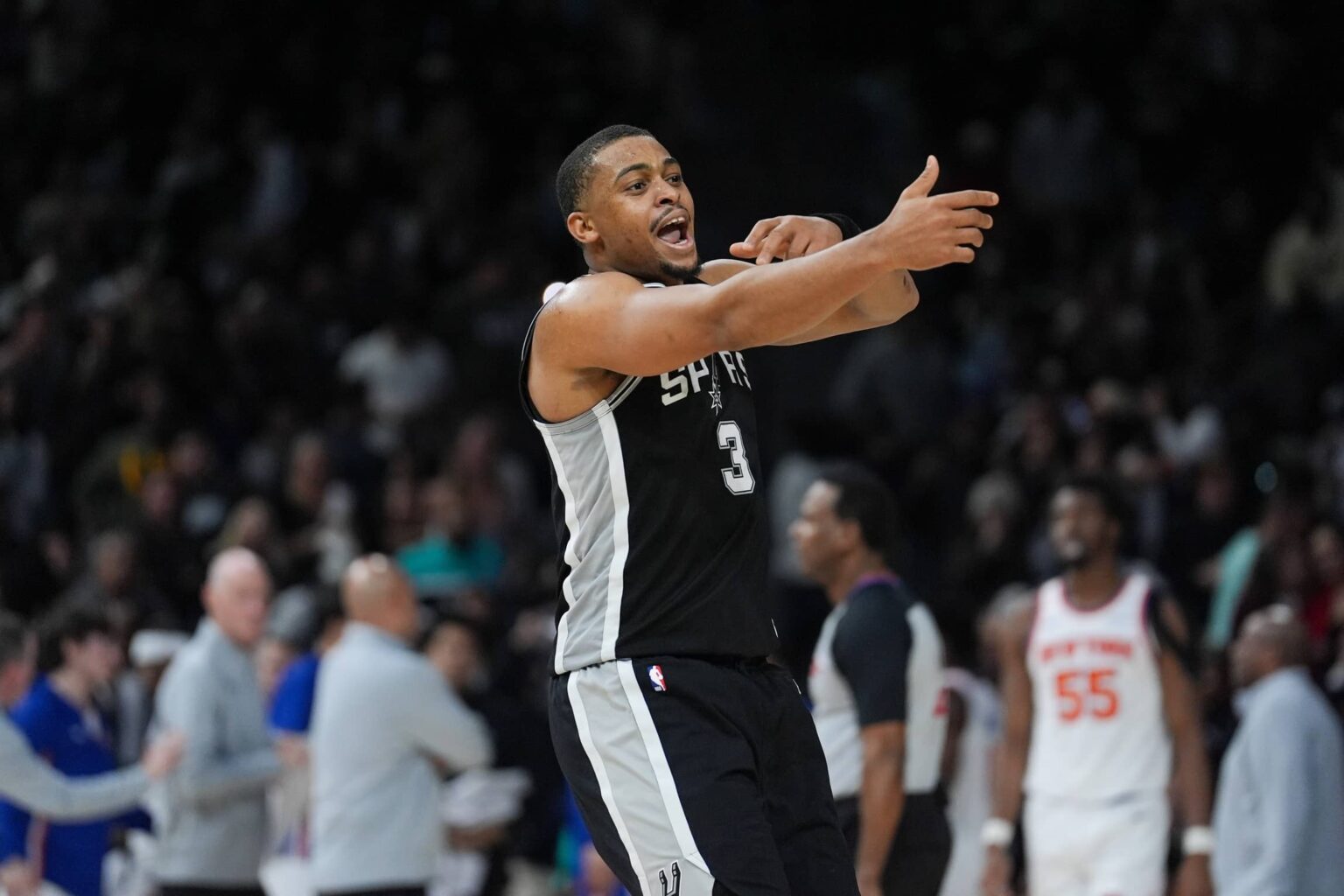 Dec 31, 2025; San Antonio, Texas, USA; San Antonio Spurs forward Keldon Johnson (3) celebrates in the second half against the New York Knicks at Frost Bank Center. Mandatory Credit: Daniel Dunn-Imagn Images