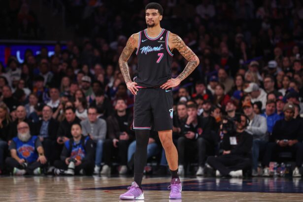 Dec 21, 2025; New York, New York, USA; Miami Heat center Kel'El Ware (7) at Madison Square Garden. Mandatory Credit: Wendell Cruz-Imagn Images