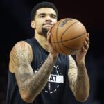 Dec 6, 2025; Miami, Florida, USA; Miami Heat center Kel'el Ware (7) warms up against the Sacramento Kings before the game at Kaseya Center. Mandatory Credit: Rhona Wise-Imagn Images