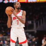Jan 29, 2026; Atlanta, Georgia, USA; Houston Rockets forward Kevin Durant (7) handles the ball against the Atlanta Hawks in the third quarter at State Farm Arena. Mandatory Credit: Brett Davis-Imagn Images