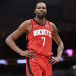 Jan 13, 2026; Houston, Texas, USA; Houston Rockets forward Kevin Durant (7) reacts after a play during the second half against the Chicago Bulls at Toyota Center. Mandatory Credit: Troy Taormina-Imagn Images
