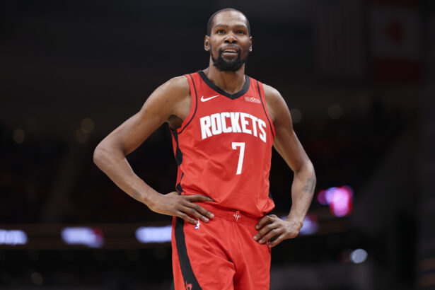 Jan 13, 2026; Houston, Texas, USA; Houston Rockets forward Kevin Durant (7) reacts after a play during the second half against the Chicago Bulls at Toyota Center. Mandatory Credit: Troy Taormina-Imagn Images
