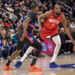 Jan 23, 2026; Detroit, Michigan, USA; Detroit Pistons guard Javonte Green (31) defends against Houston Rockets forward Kevin Durant (7) during the first half at Little Caesars Arena. Mandatory Credit: David Reginek-Imagn Images