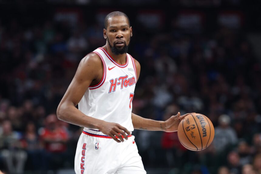 Jan 3, 2026; Dallas, Texas, USA; Houston Rockets forward Kevin Durant (7) controls the ball during the first quarter against the Dallas Mavericks at American Airlines Center. Mandatory Credit: Kevin Jairaj-Imagn Images