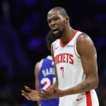 Jan 22, 2026; Philadelphia, Pennsylvania, USA; Houston Rockets forward Kevin Durant (7) reacts to a play against the Philadelphia 76ers during the third quarter at Xfinity Mobile Arena. Mandatory Credit: Bill Streicher-Imagn Images