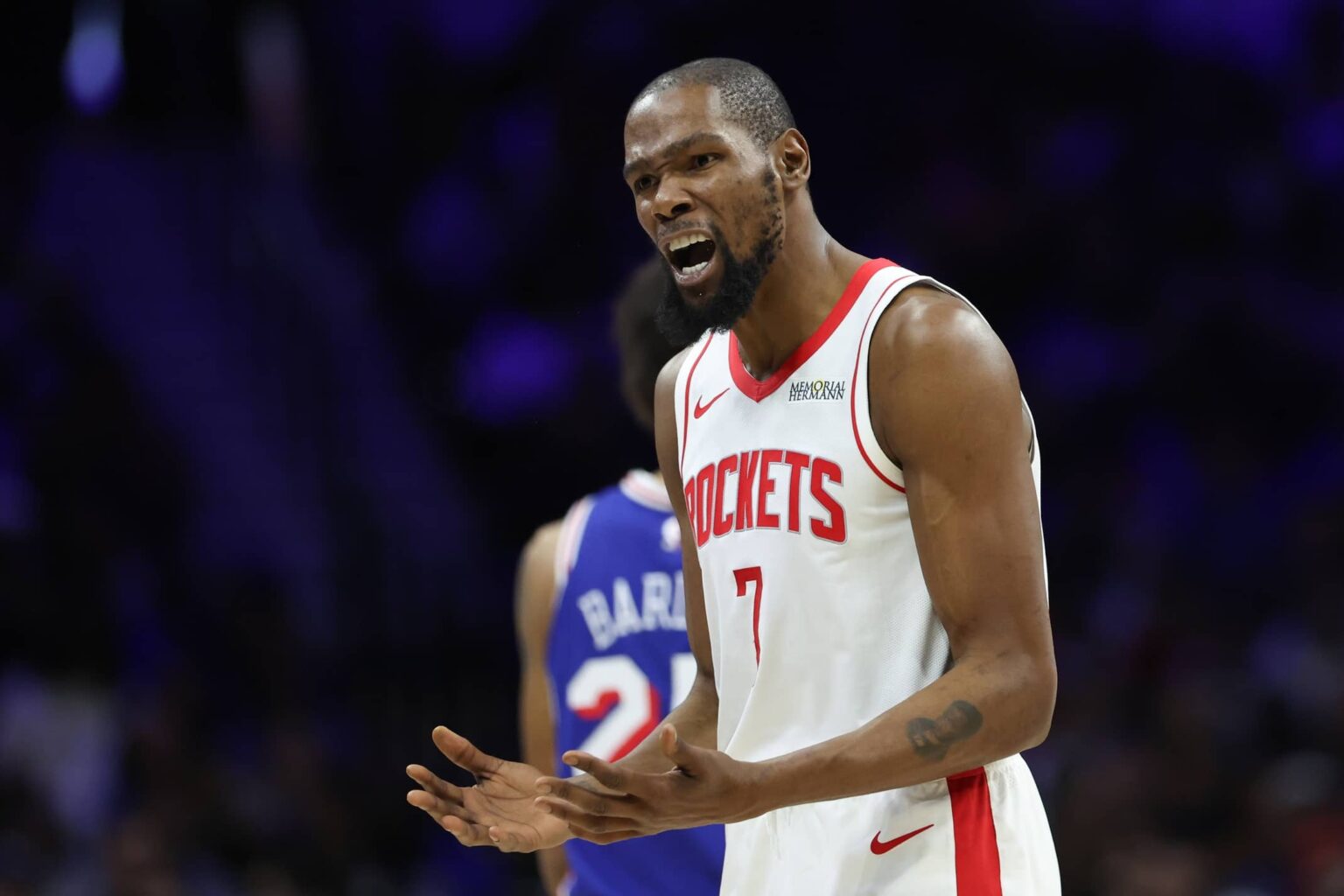 Jan 22, 2026; Philadelphia, Pennsylvania, USA; Houston Rockets forward Kevin Durant (7) reacts to a play against the Philadelphia 76ers during the third quarter at Xfinity Mobile Arena. Mandatory Credit: Bill Streicher-Imagn Images