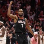 Jan 5, 2026; Houston, Texas, USA; Houston Rockets Kevin Durant (7) celebrates his three point winning basket against the Phoenix Suns in the fourth quarter at Toyota Center. Mandatory Credit: Thomas Shea-Imagn Images