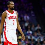Houston Rockets forward Kevin Durant (7) looks on during the second quarter against the Sacramento Kings at Golden 1 Center.