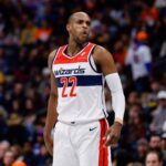 Jan 17, 2026; Denver, Colorado, USA; Washington Wizards forward Khris Middleton (22) reacts in the third quarter against the Denver Nuggets at Ball Arena. Mandatory Credit: Isaiah J. Downing-Imagn Images