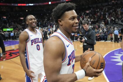 Jan 12, 2026; Toronto, Ontario, CAN; Philadelphia 76ers guard Kyle Lowry (7) and guard Tyrese Maxey (0) smile as they leave the court after a win over the Toronto Raptors at Scotiabank Arena. Mandatory Credit: John E. Sokolowski-Imagn Images