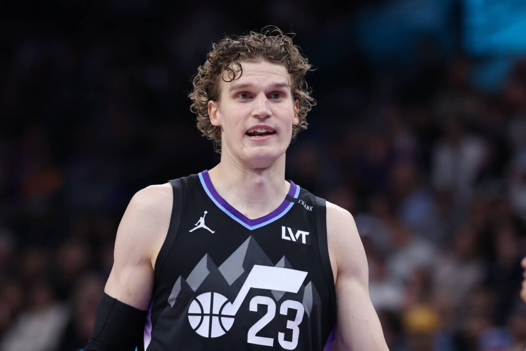 Jan 28, 2026; Salt Lake City, Utah, USA; Utah Jazz forward Lauri Markkanen (23) reacts after a play against the Golden State Warriors during the second half at Delta Center. Mandatory Credit: Rob Gray-Imagn Images