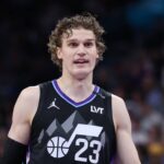 Jan 28, 2026; Salt Lake City, Utah, USA; Utah Jazz forward Lauri Markkanen (23) reacts after a play against the Golden State Warriors during the second half at Delta Center. Mandatory Credit: Rob Gray-Imagn Images