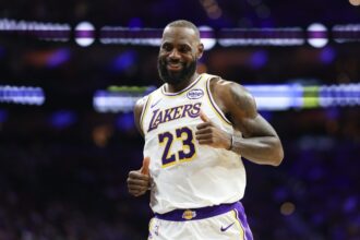 Dec 7, 2025; Philadelphia, Pennsylvania, USA; Los Angeles Lakers forward Lebron James (23) reacts after a play against the Philadelphia 76ers during the second quarter at Xfinity Mobile Arena. Mandatory Credit: Bill Streicher-Imagn Images