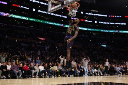 Jan 13, 2026; Los Angeles, California, USA; Los Angeles Lakers forward LeBron James (23) dunks the ball during the fourth quarter against the Atlanta Hawks at Crypto.com Arena. Mandatory Credit: Kiyoshi Mio-Imagn Images