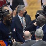 Lebron James and Michael Jordan on court during halftime during the 2022 NBA All-Star Game at Rocket Mortgage FieldHouse.