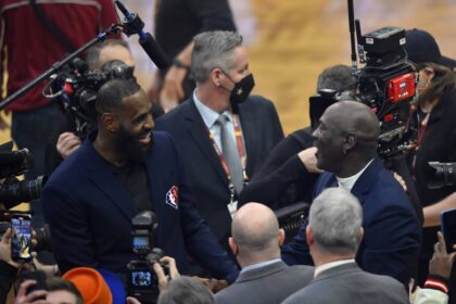 Lebron James and Michael Jordan on court during halftime during the 2022 NBA All-Star Game at Rocket Mortgage FieldHouse.