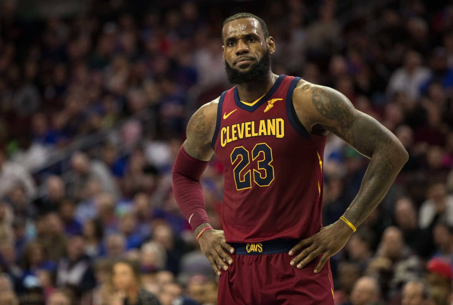 Cleveland Cavaliers forward LeBron James (23) during the third quarter against the Philadelphia 76ers at Wells Fargo Center.