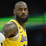Jan 28, 2026; Cleveland, Ohio, USA; Los Angeles Lakers forward LeBron James (23) stands on the court in the third quarter against the Cleveland Cavaliers at Rocket Arena. Mandatory Credit: David Richard-Imagn Images