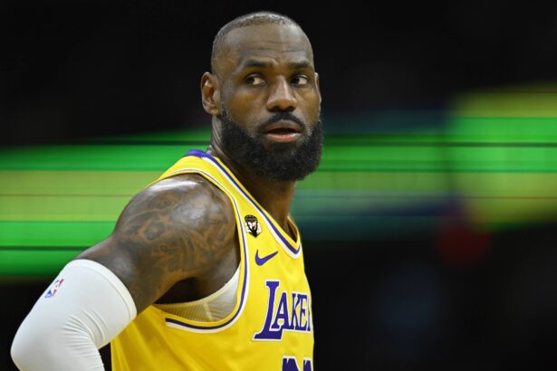 Jan 28, 2026; Cleveland, Ohio, USA; Los Angeles Lakers forward LeBron James (23) stands on the court in the third quarter against the Cleveland Cavaliers at Rocket Arena. Mandatory Credit: David Richard-Imagn Images