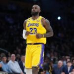 Jan 15, 2026; Los Angeles, California, USA; Los Angeles Lakers forward LeBron James (23) reacts against the Charlotte Hornets in the first half at Crypto.com Arena. Mandatory Credit: Kirby Lee-Imagn Images