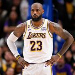 Los Angeles Lakers forward LeBron James (23) looks on during the game against the Dallas Mavericks at the American Airlines Center.
