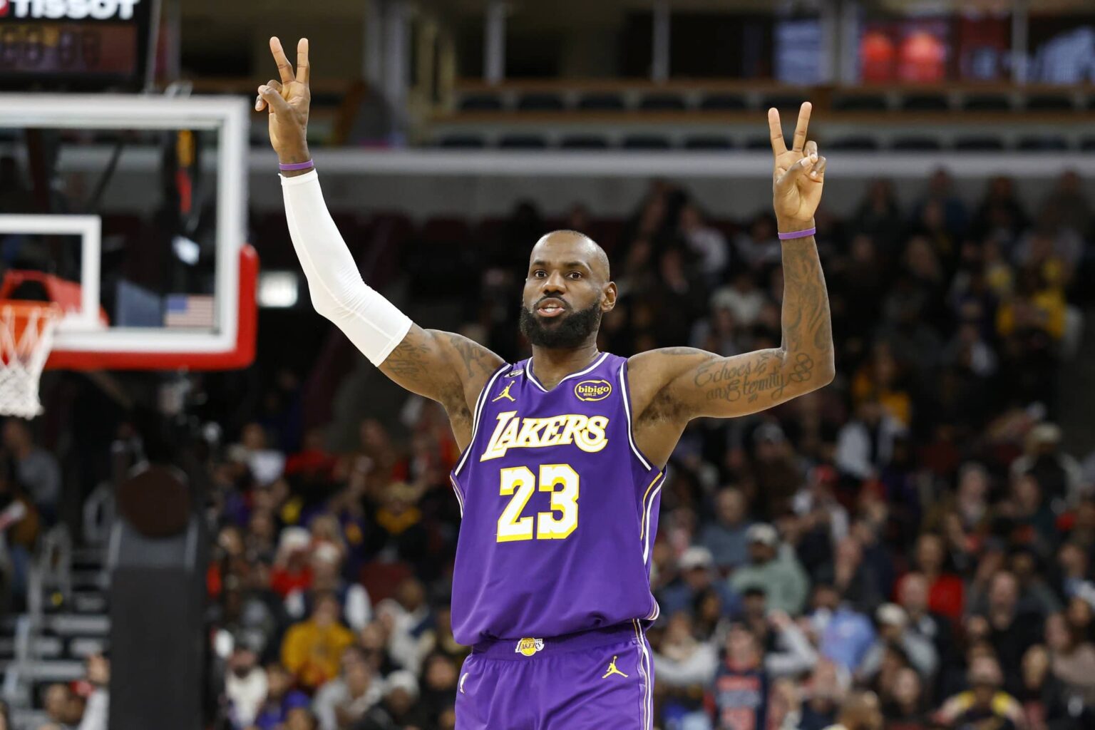 Los Angeles Lakers forward LeBron James (23) reacts against the Chicago Bulls during the second half at United Center.